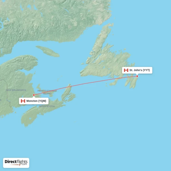 Moncton - St. John's direct flight map