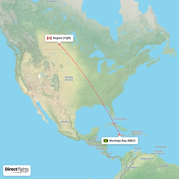 Regina - Montego Bay direct flight map