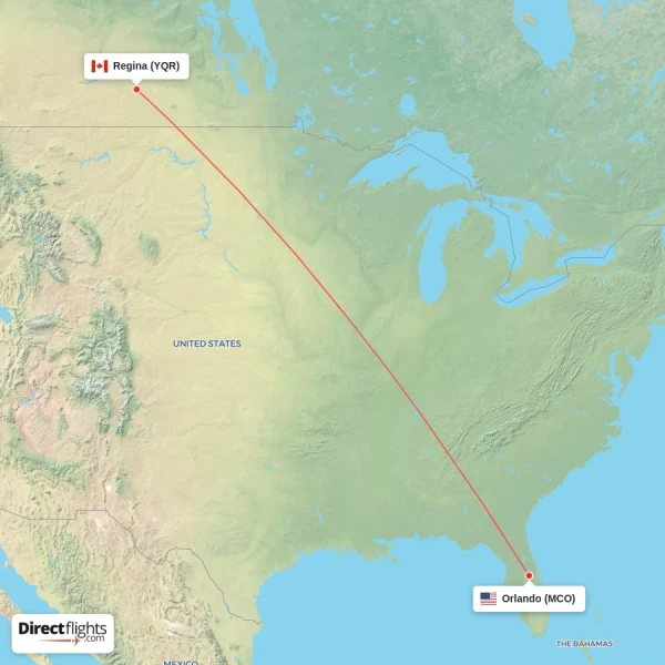 Regina - Orlando direct flight map