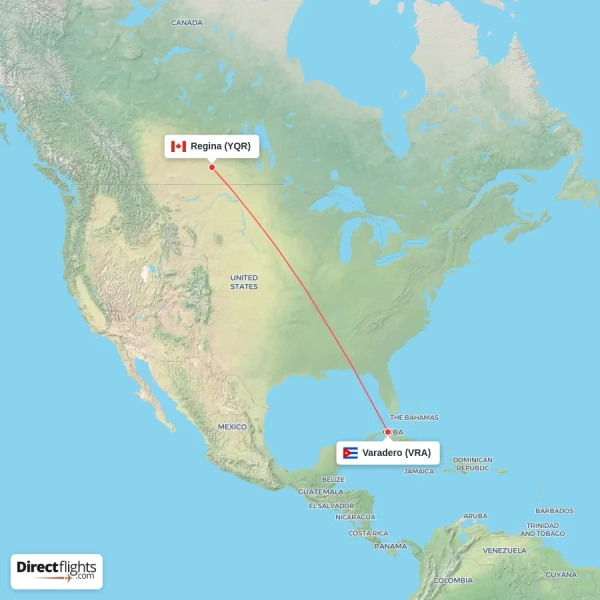 Regina - Varadero direct flight map