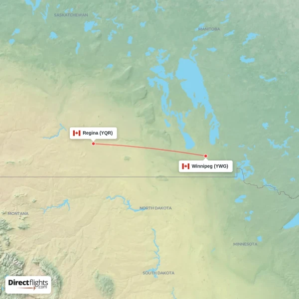 Regina - Winnipeg direct flight map