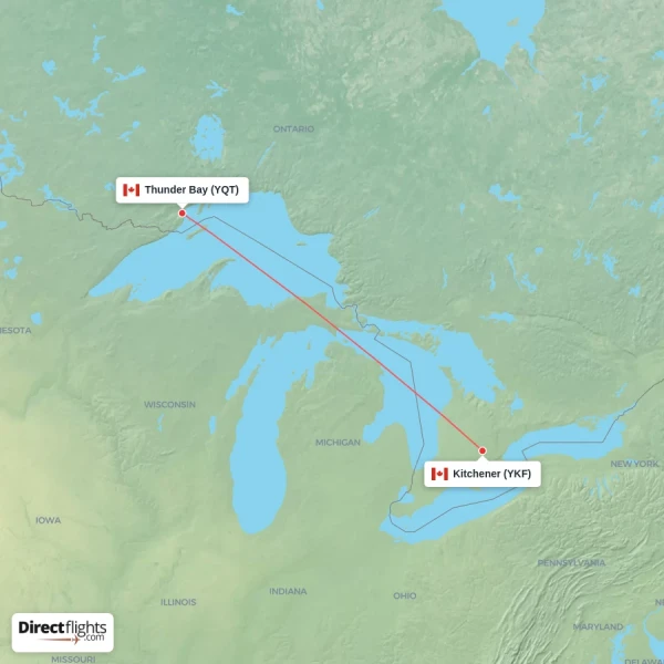 Thunder Bay - Kitchener direct flight map
