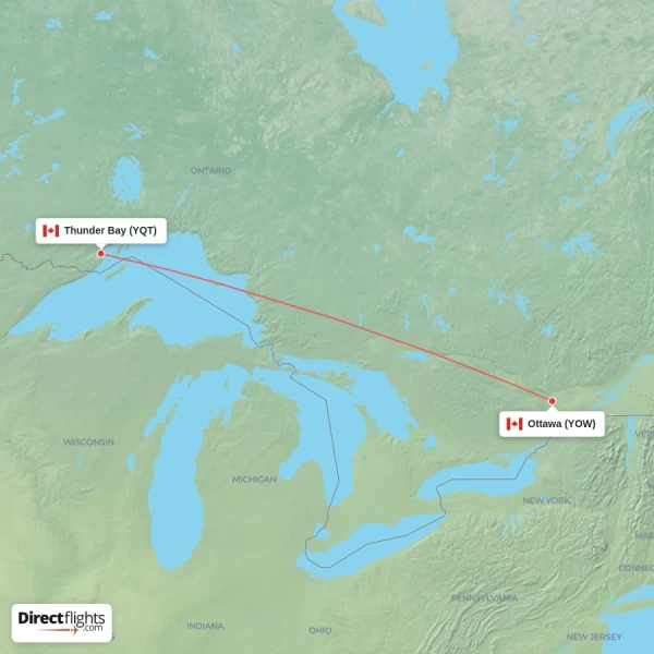 Thunder Bay - Ottawa direct flight map