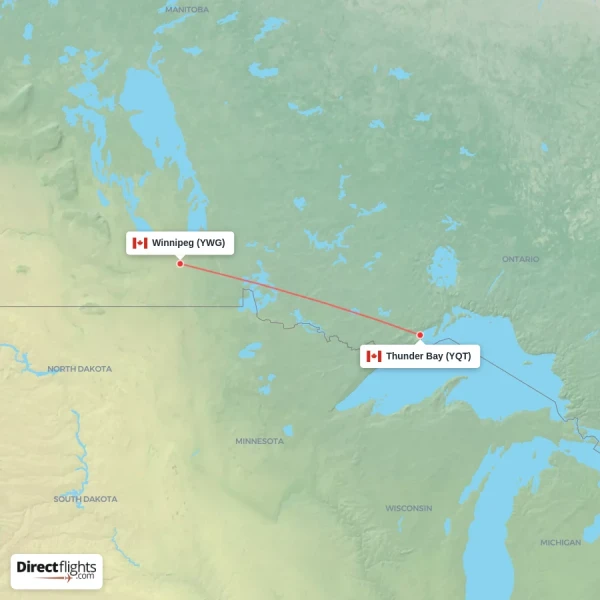 Thunder Bay - Winnipeg direct flight map