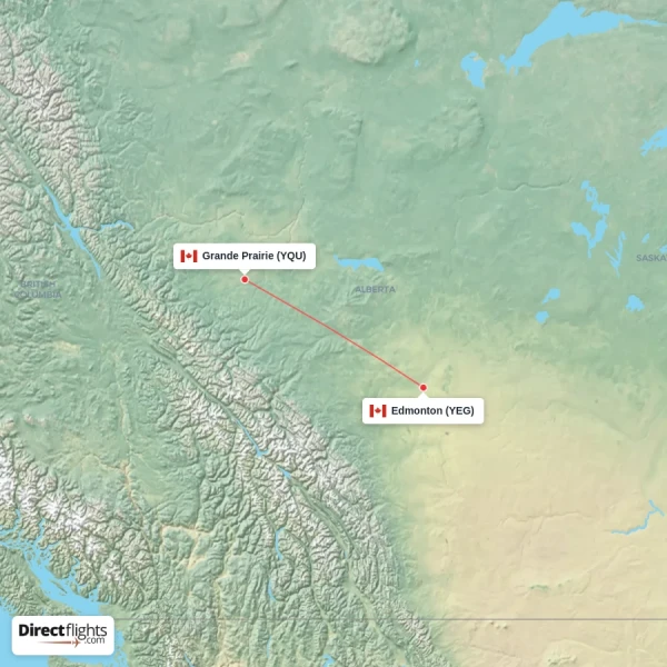 Grande Prairie - Edmonton direct flight map