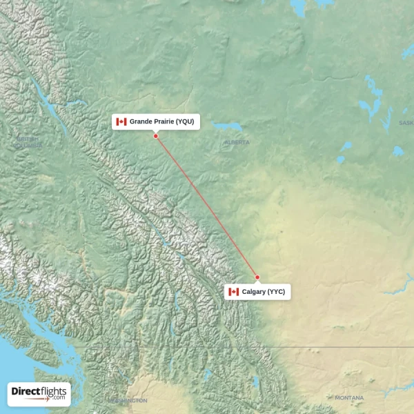 Grande Prairie - Calgary direct flight map