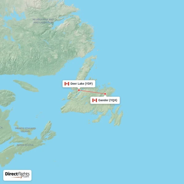 Gander - Deer Lake direct flight map