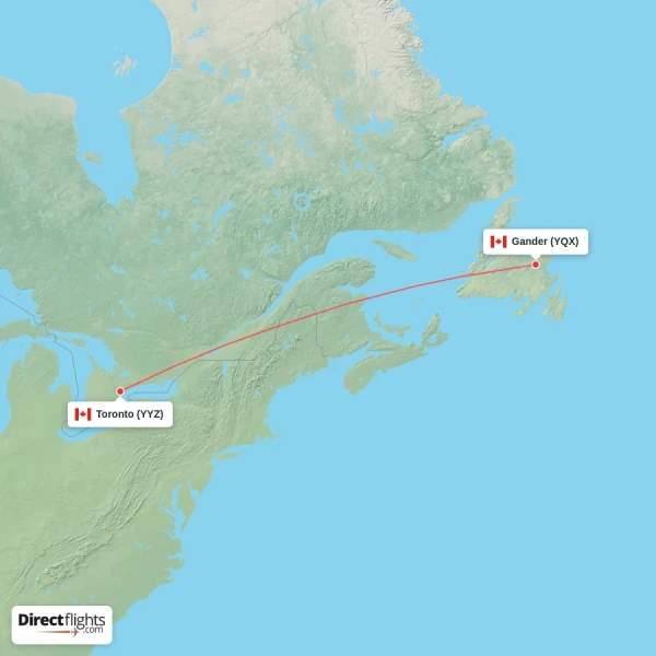Gander - Toronto direct flight map