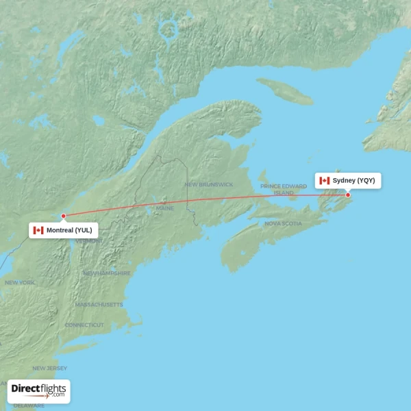 Sydney - Montreal direct flight map