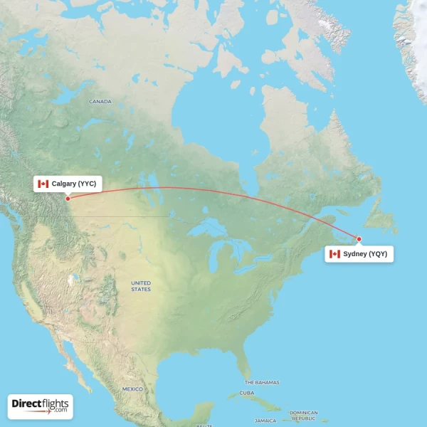 Sydney - Calgary direct flight map
