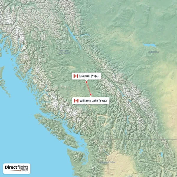 Quesnel - Williams Lake direct flight map