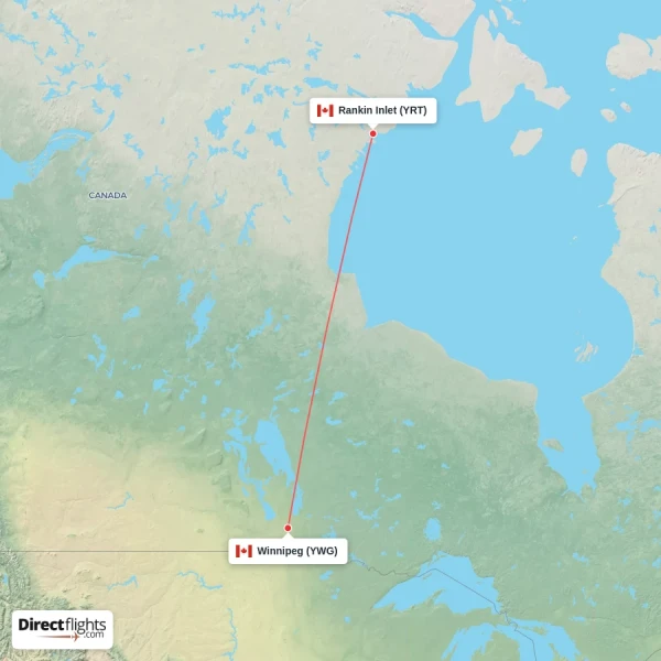Rankin Inlet - Winnipeg direct flight map