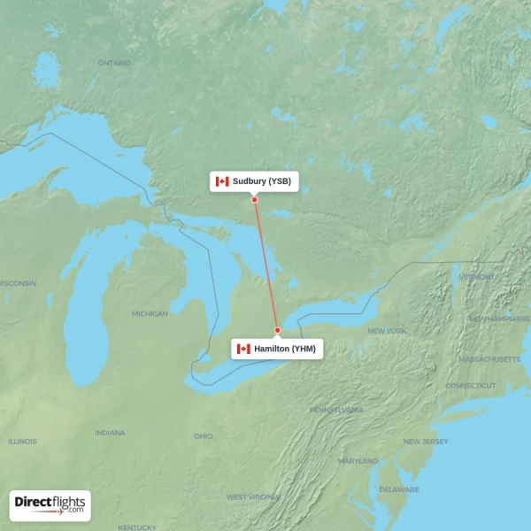 Sudbury - Hamilton direct flight map