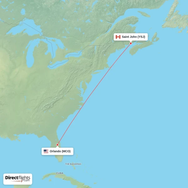 Saint John - Orlando direct flight map