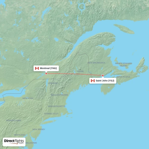 Saint John - Montreal direct flight map