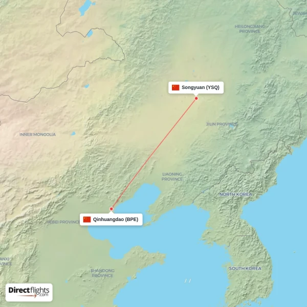 Songyuan - Qinhuangdao direct flight map