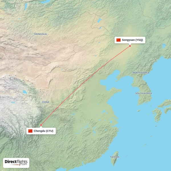 Songyuan - Chengdu direct flight map