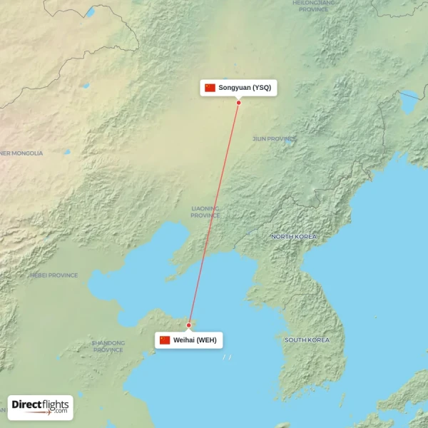 Songyuan - Weihai direct flight map