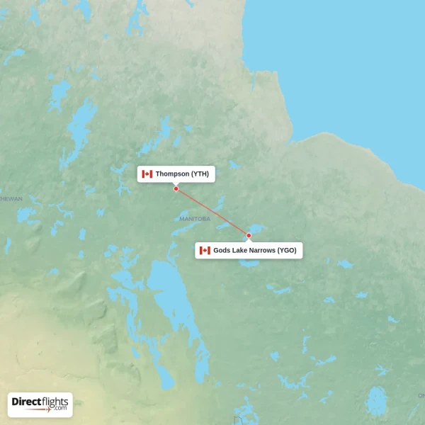 Thompson - Gods Lake Narrows direct flight map