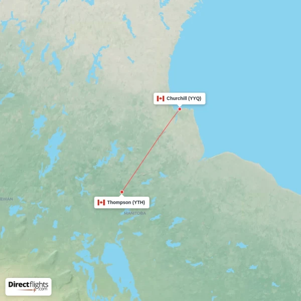 Thompson - Churchill direct flight map