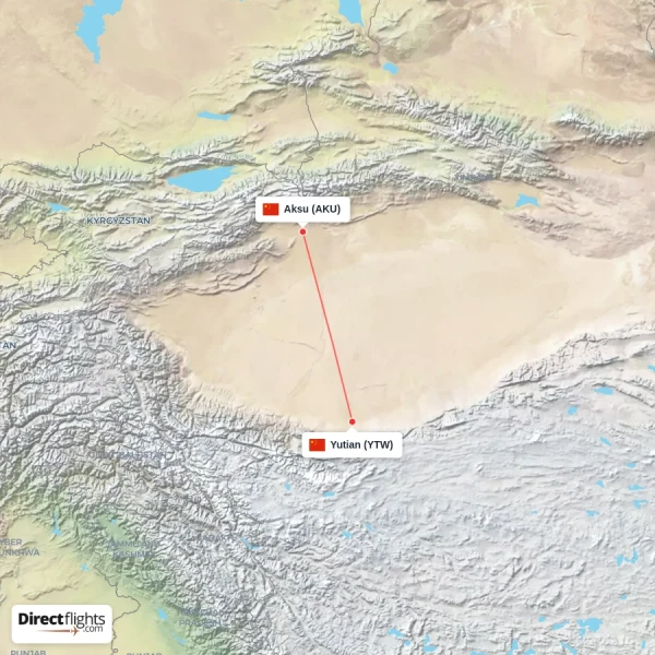 Yutian - Aksu direct flight map