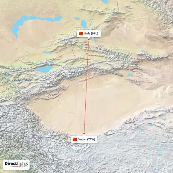 Yutian - Bole direct flight map