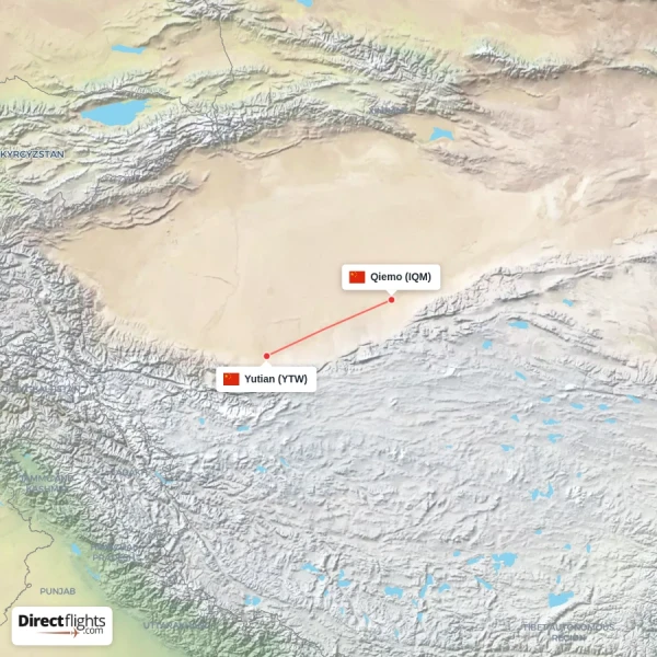 Yutian - Qiemo direct flight map