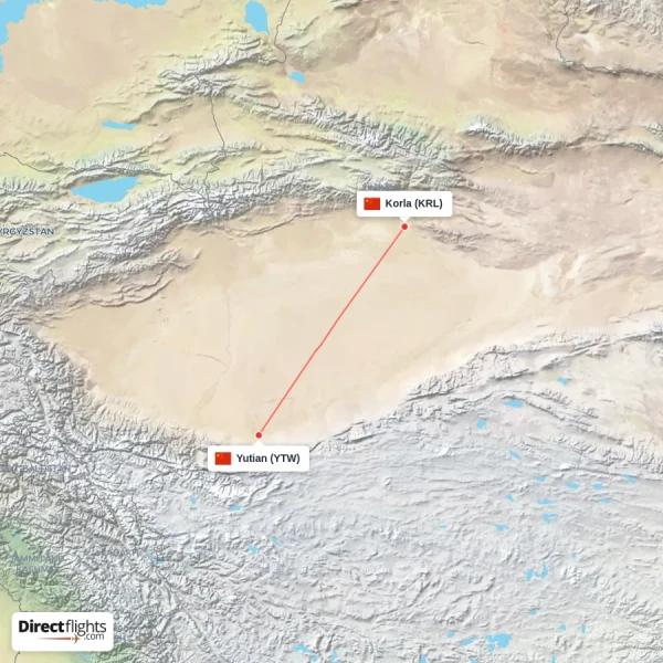 Yutian - Korla direct flight map
