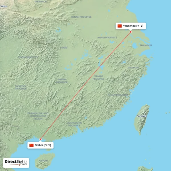 Yangzhou - Beihai direct flight map