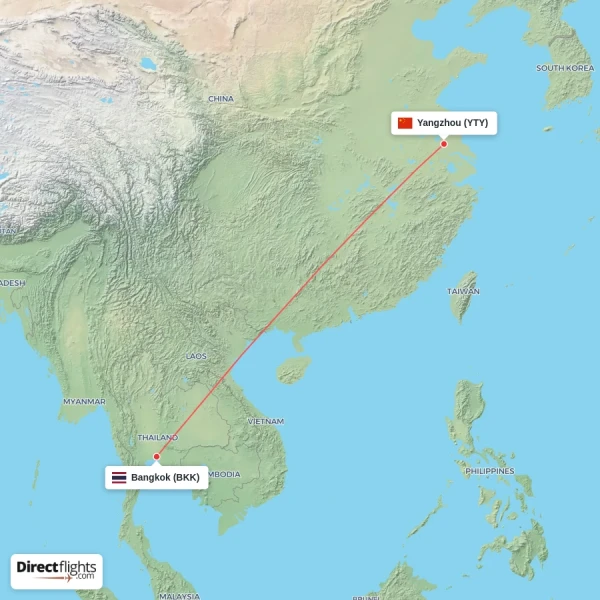 Yangzhou - Bangkok direct flight map