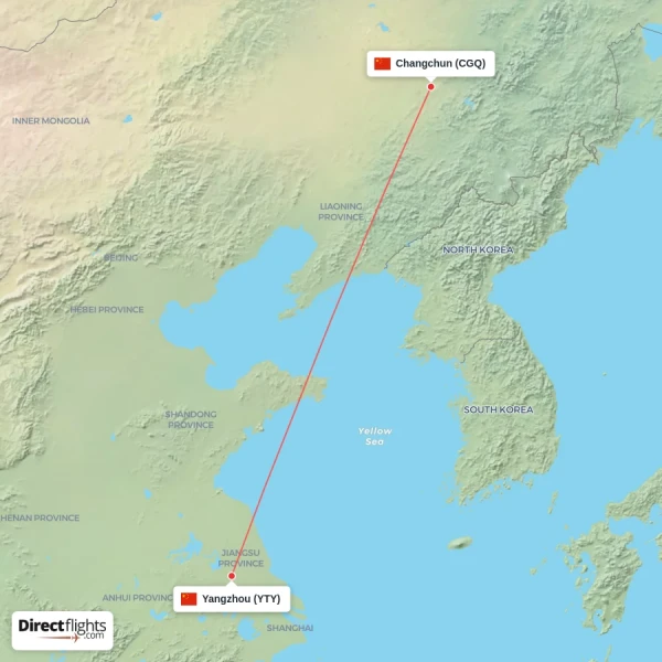 Yangzhou - Changchun direct flight map