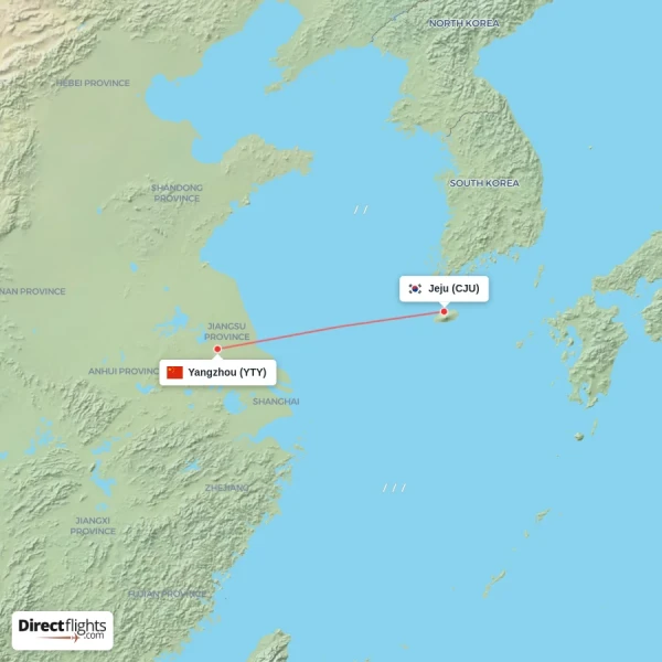 Yangzhou - Jeju direct flight map