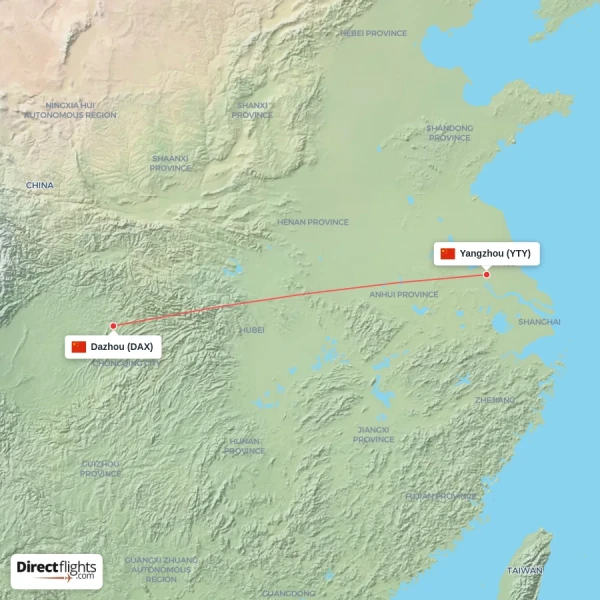 Yangzhou - Dazhou direct flight map