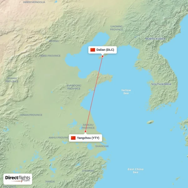 Yangzhou - Dalian direct flight map