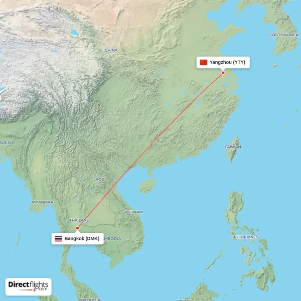 Yangzhou - Bangkok direct flight map