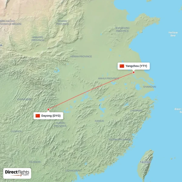 Yangzhou - Dayong direct flight map