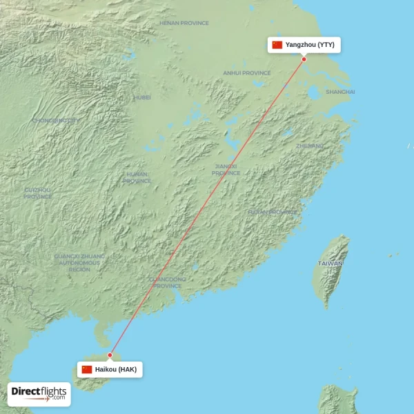 Yangzhou - Haikou direct flight map
