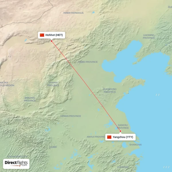 Yangzhou - Hohhot direct flight map