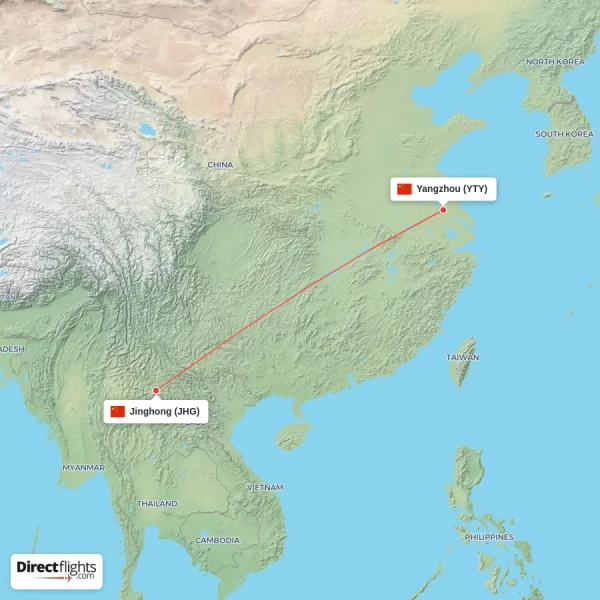 Yangzhou - Jinghong direct flight map