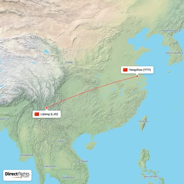 Yangzhou - Lijiang direct flight map
