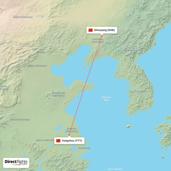 Yangzhou - Shenyang direct flight map