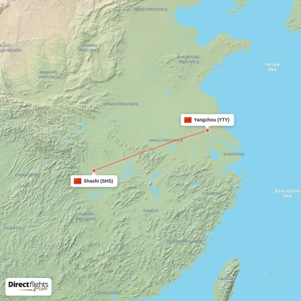 Yangzhou - Shashi direct flight map