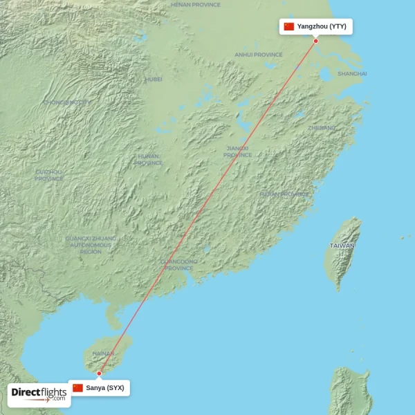 Yangzhou - Sanya direct flight map