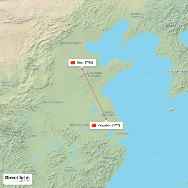 Yangzhou - Jinan direct flight map