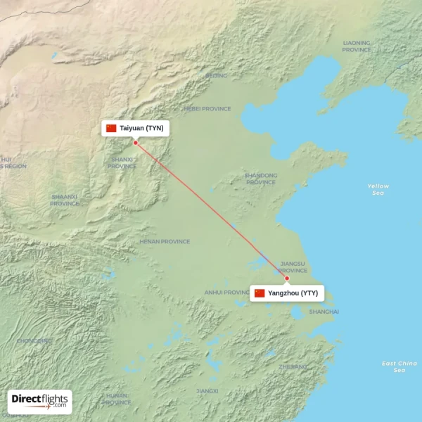 Yangzhou - Taiyuan direct flight map