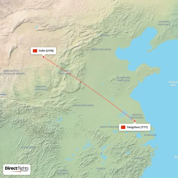 Yangzhou - Yulin direct flight map