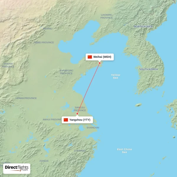 Yangzhou - Weihai direct flight map