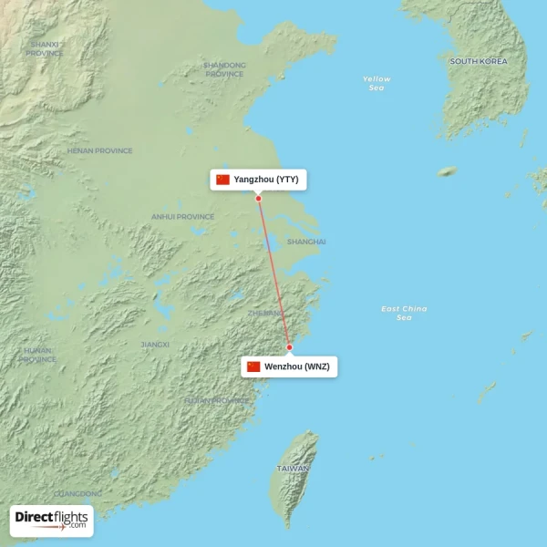 Yangzhou - Wenzhou direct flight map