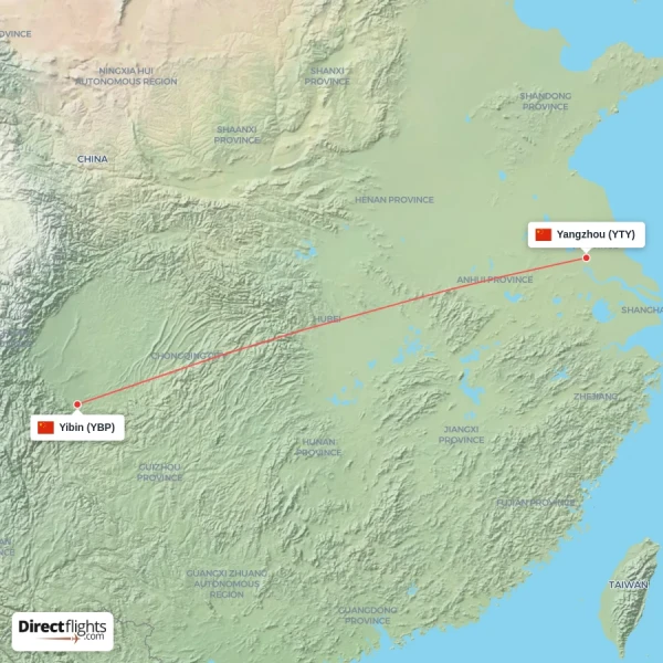 Yangzhou - Yibin direct flight map