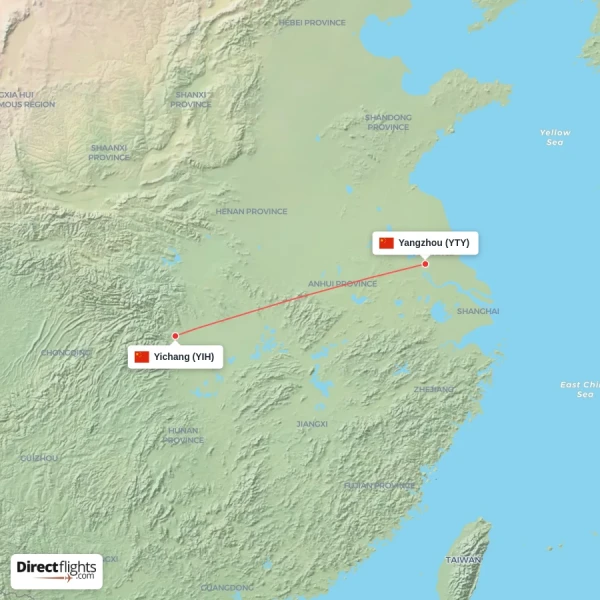 Yangzhou - Yichang direct flight map